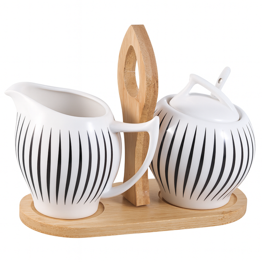 Milk Pot & Sugar Pot Set – White Ceramic with Black Stripes & Wooden Base