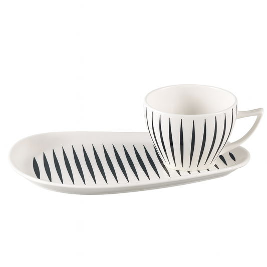 Mug with Plate – White Ceramic Set with Black Stripe Design