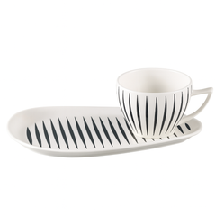 Mug with Plate – White Ceramic Set with Black Stripe Design