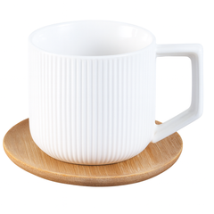 6 Pcs Cups & Bamboo Saucers – White Ribbed Ceramic Tea Set