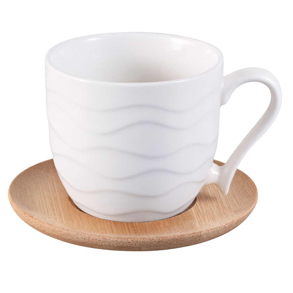 6 Pcs Cups & Bamboo Saucers – White Ceramic Tea Set