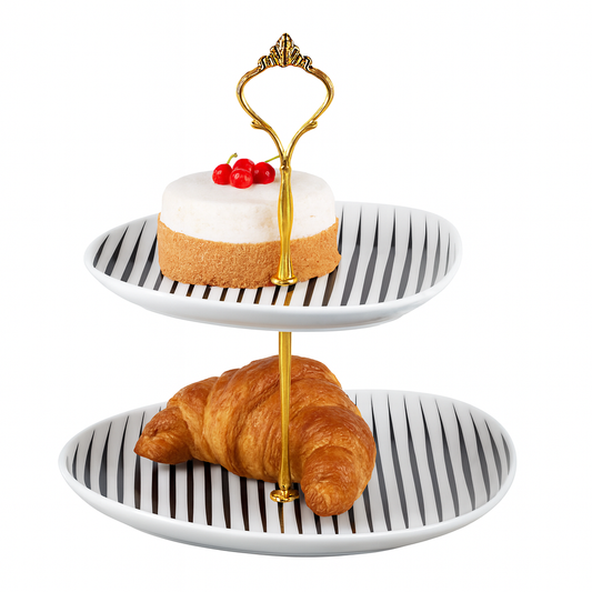 2 Tier Pastry Stand – White Ceramic with Black Stripes & Gold Handle