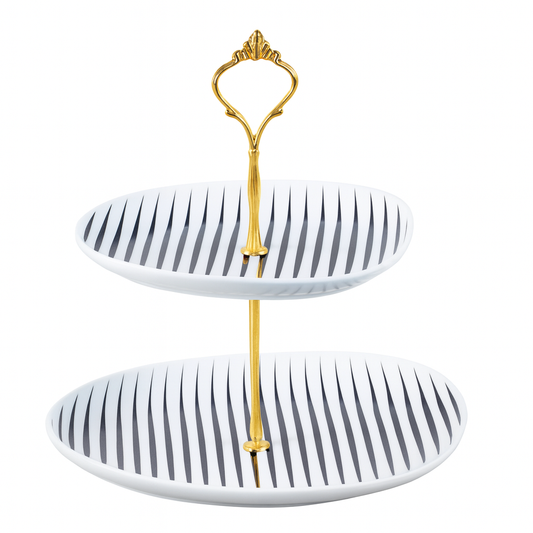 2 Tier Pastry Stand – White Ceramic with Black Stripes & Gold Handle