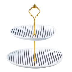 2 Tier Pastry Stand – White Ceramic with Black Stripes & Gold Handle