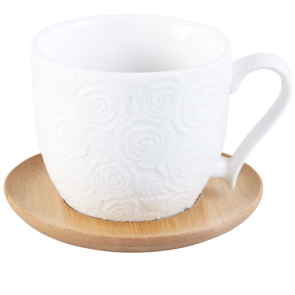 6 Pcs Cups & Bamboo Saucers – White Rose Embossed Ceramic Tea Set