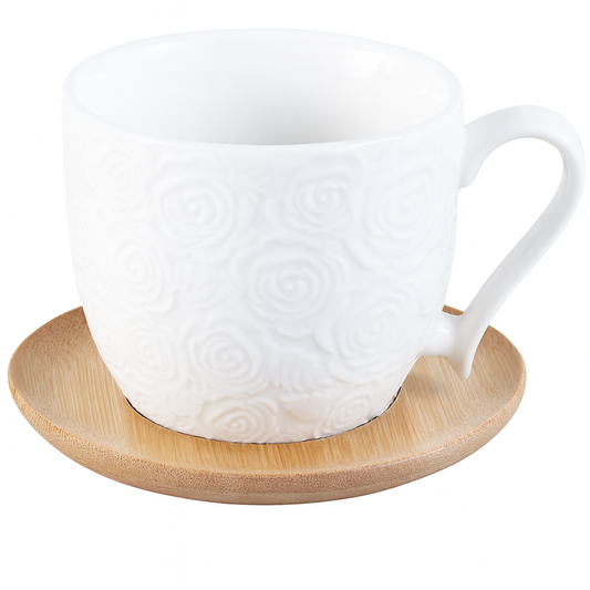 6 Pcs Cups & Bamboo Saucers – White Rose Embossed Ceramic Tea Set