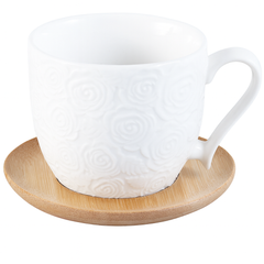 6 Pcs Cups & Bamboo Saucers – White Rose Embossed Ceramic Tea Set
