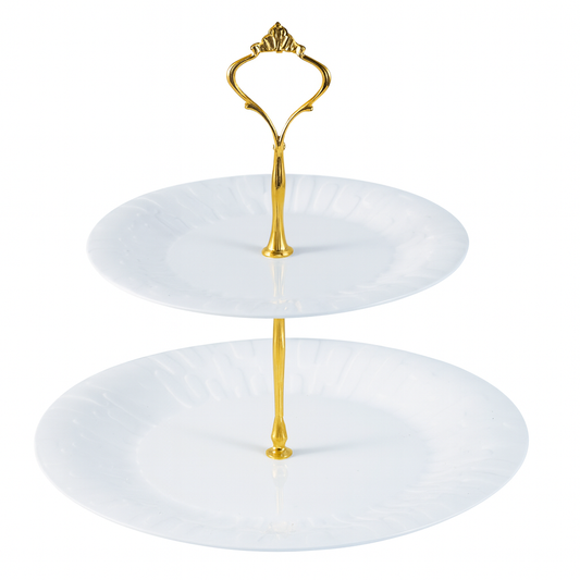 2 Tier Pastry Stand – Classic White Ceramic with Gold Handle