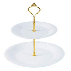 2 Tier Pastry Stand – Classic White Ceramic with Gold Handle