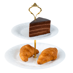 2 Tier Pastry Stand – Classic White Ceramic with Gold Handle