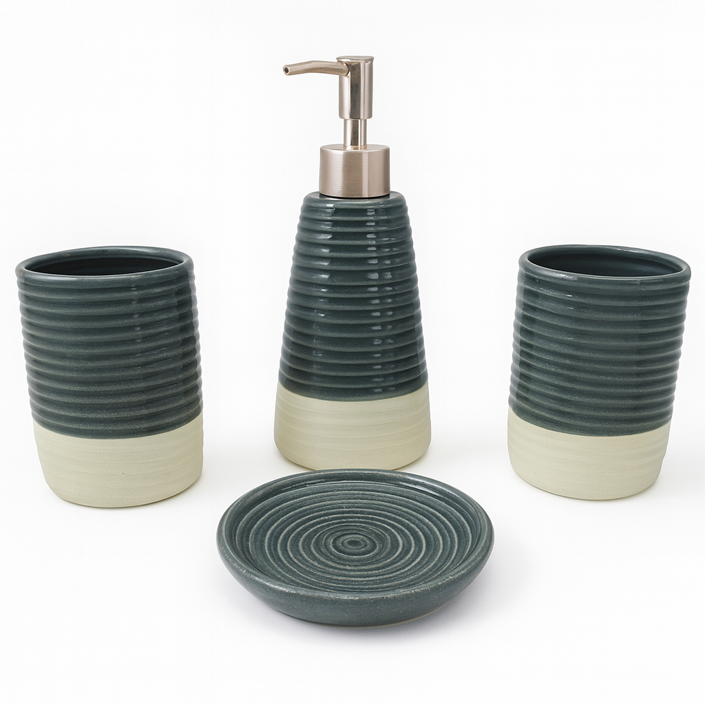 4 Pcs Bathroom Set – Green & Beige Textured Bath Accessories