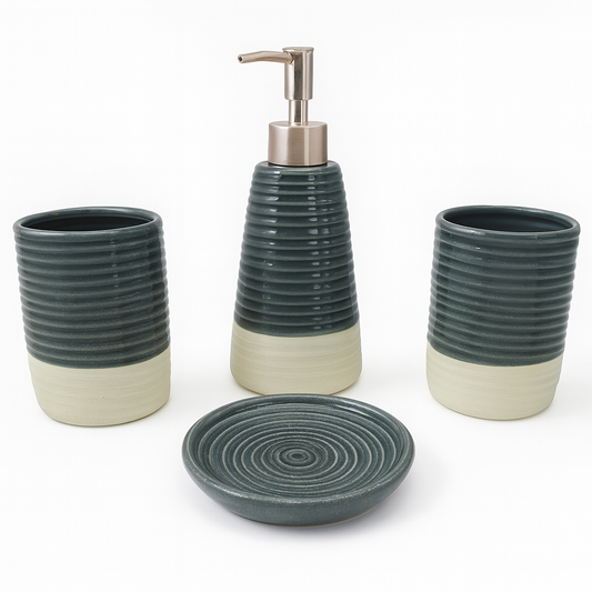 4 Pcs Bathroom Set – Green & Beige Textured Bath Accessories
