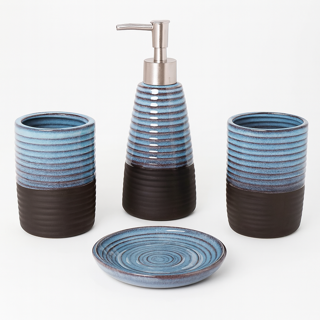 4 Pcs Bathroom Set – Blue &amp; Brown Textured Bath Accessories