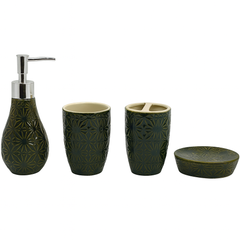 4 Pcs Bathroom Set – Olive Green Embossed Pattern