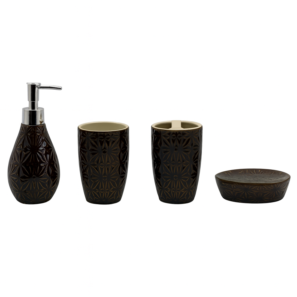4 Pcs Bathroom Set – Dark Brown Embossed Pattern