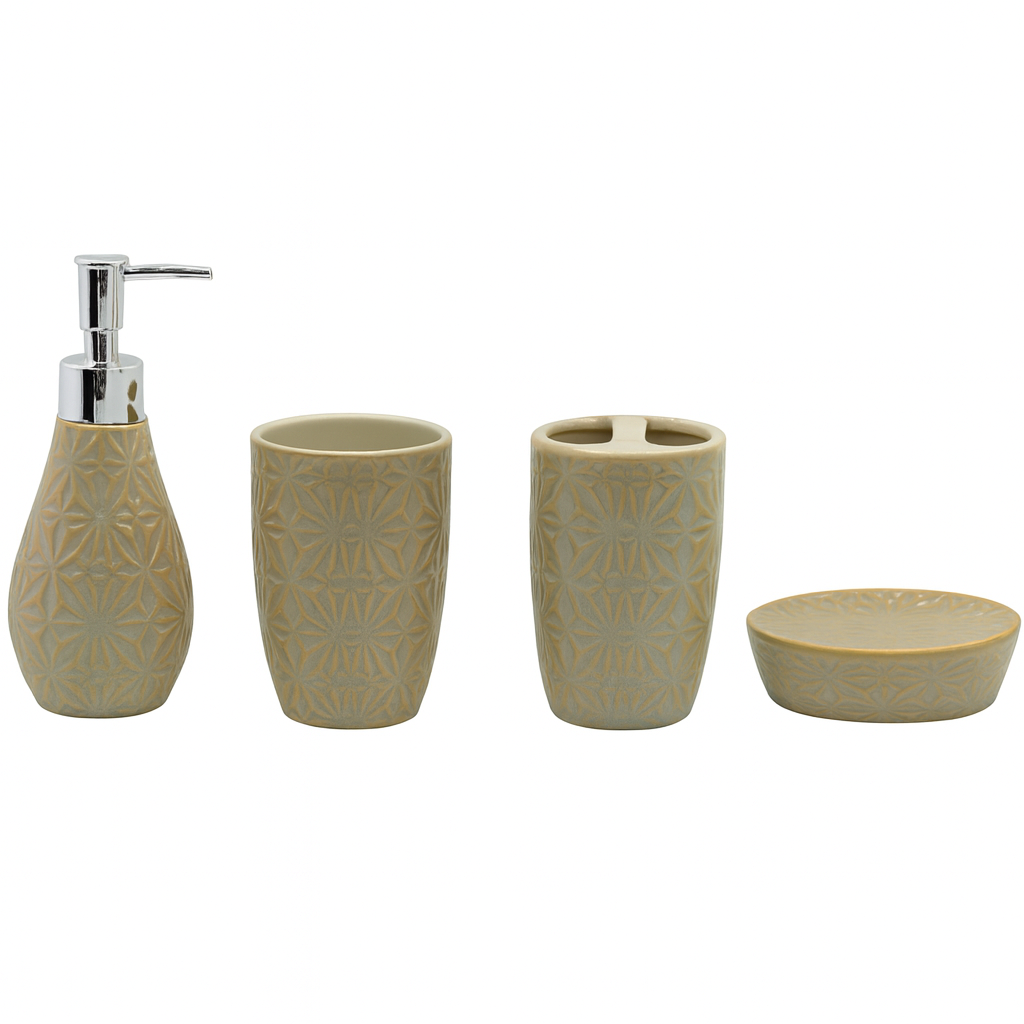 4 Pcs Bathroom Set – Beige Embossed Pattern