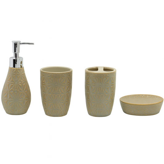 4 Pcs Bathroom Set – Beige Embossed Pattern