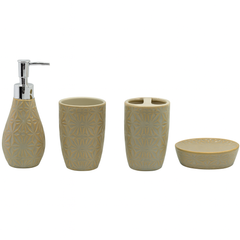 4 Pcs Bathroom Set – Beige Embossed Pattern