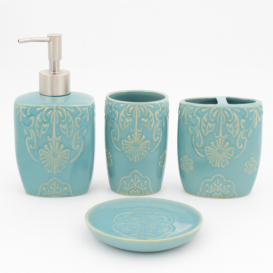 4 Pcs Bathroom Set – Aqua Blue Embossed Design