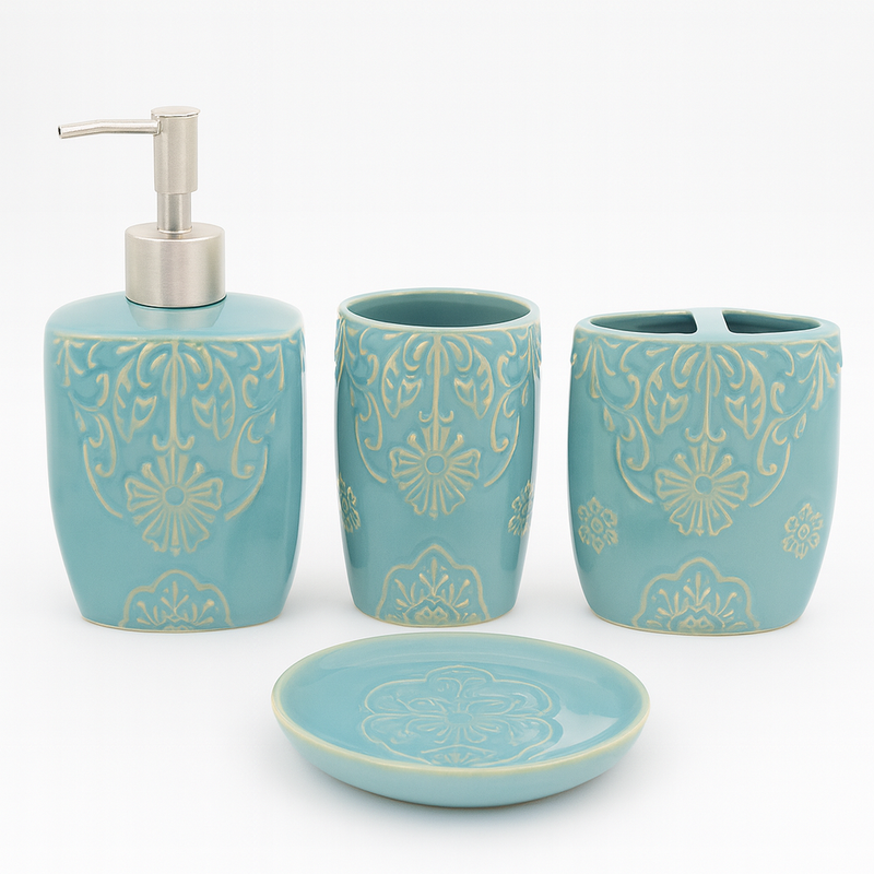 4 Pcs Bathroom Set – Aqua Blue Embossed Design - Habitt