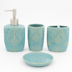 4 Pcs Bathroom Set – Aqua Blue Embossed Design