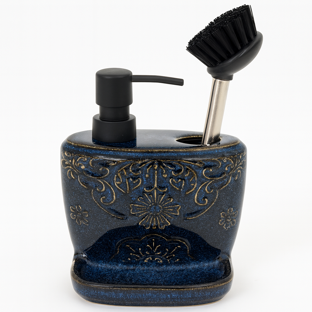 Elegant Dispenser with Brush – Midnight Blue Embossed Design