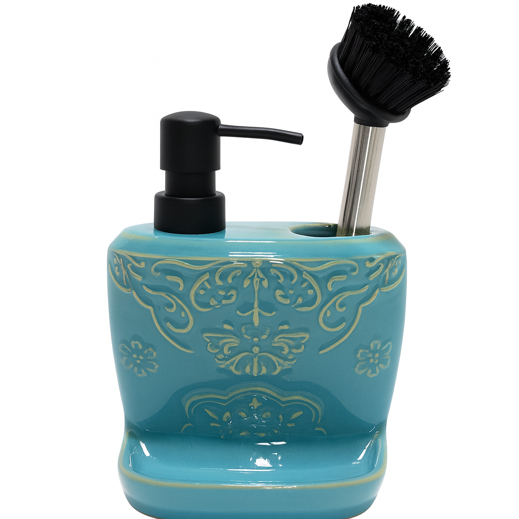 Elegant Dispenser with Brush – Aqua Blue Embossed Design