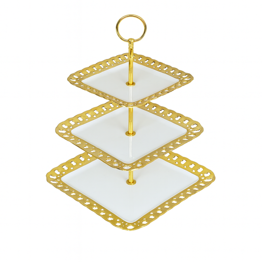 3-Tier Ceramic Cake Stand – White with Gold Detailing