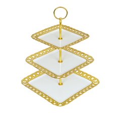 3-Tier Ceramic Cake Stand – White with Gold Detailing