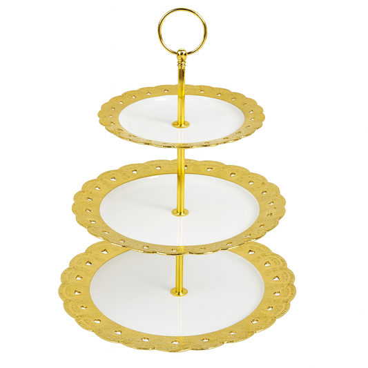 3-Tier Round Ceramic Cake Stand – White with Gold Trim