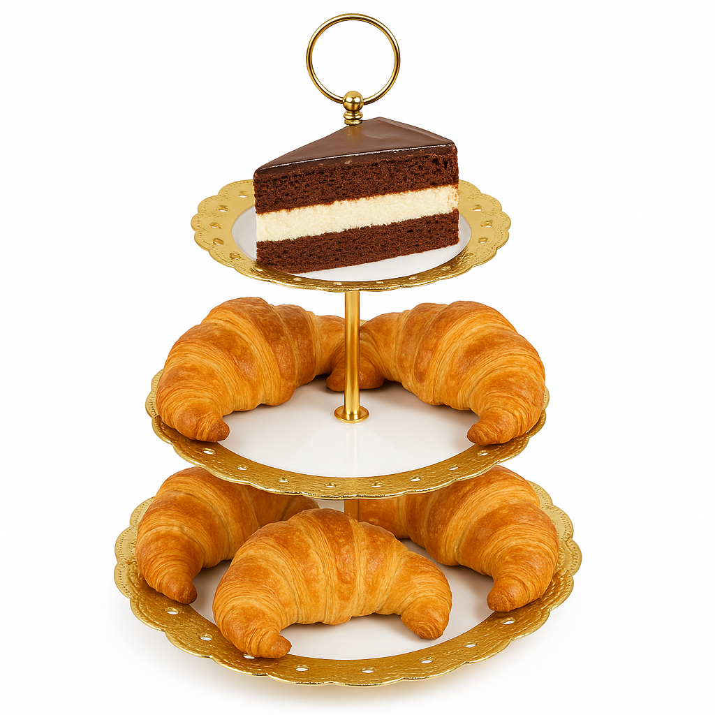 3-Tier Round Ceramic Cake Stand – White with Gold Trim
