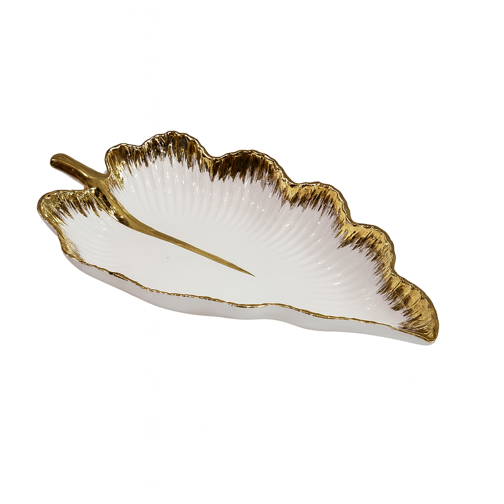 Leaf-Shaped Ceramic Serving Dish – White with Gold Edge