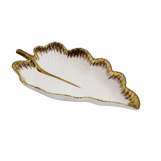 Leaf-Shaped Ceramic Serving Dish – White with Gold Edge