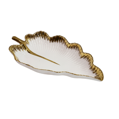 Leaf-Shaped Ceramic Serving Dish – White with Gold Edge