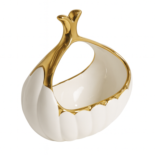 Decorative Ceramic Basket – White with Gold Handle