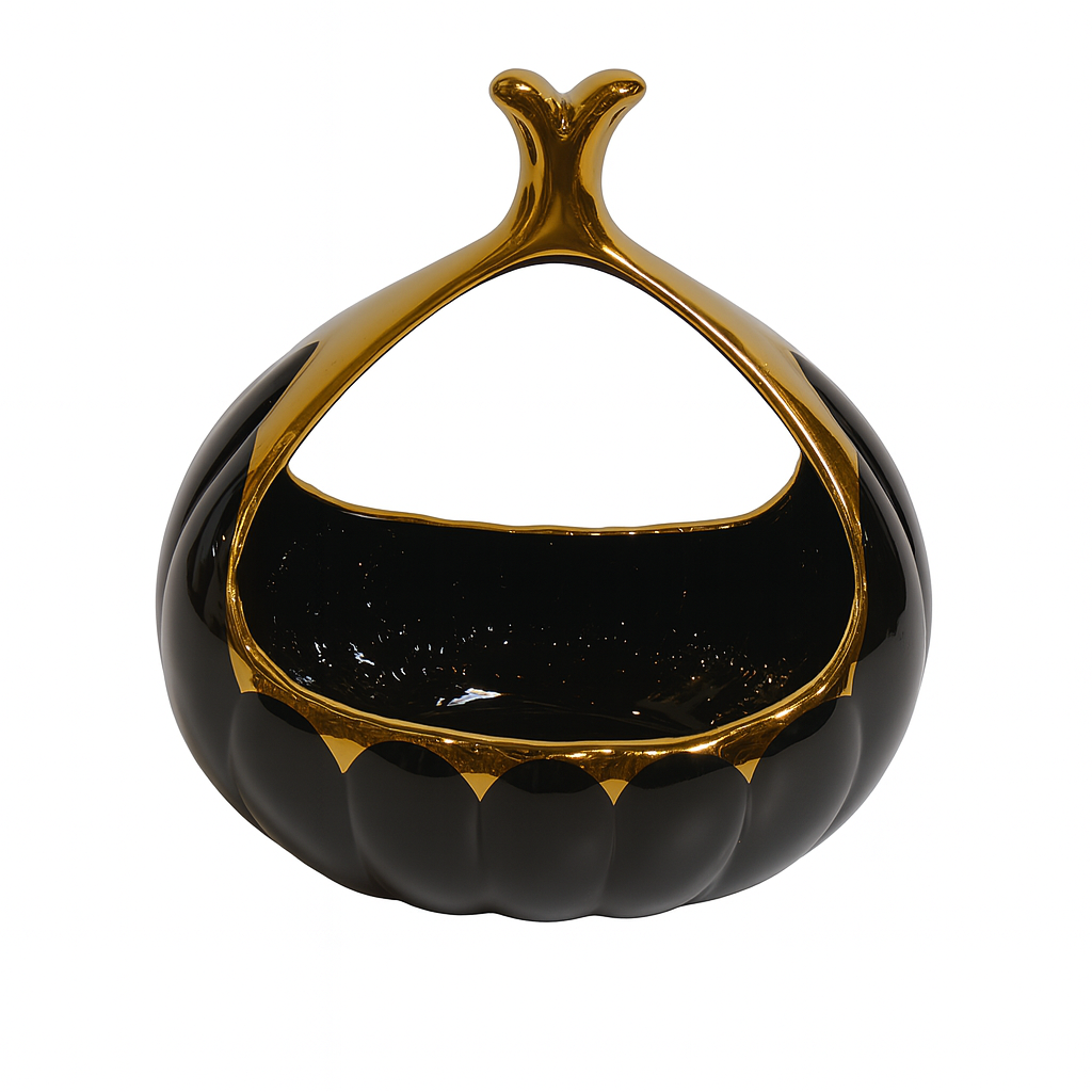 Small Decorative Ceramic Basket – Black with Gold Handle