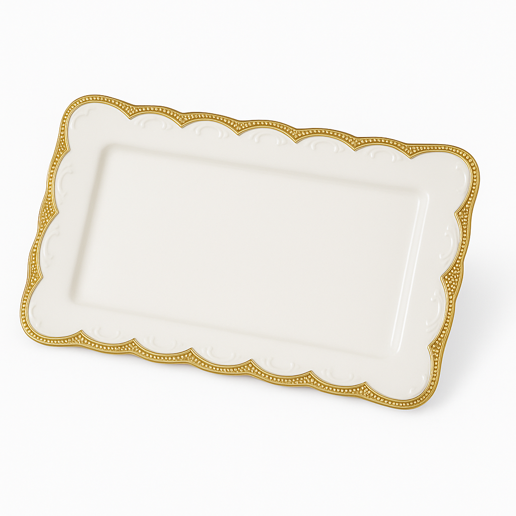 Rectangular Ceramic Serving Dish – White with Embossed Gold Edge