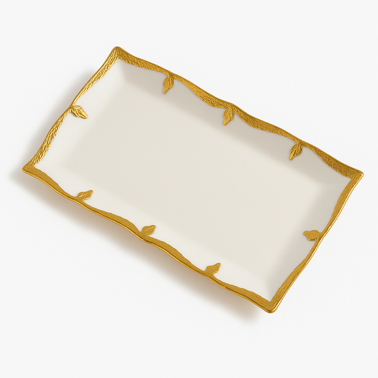 Elegant Rectangular Gold Dish – Leaf Edge Design