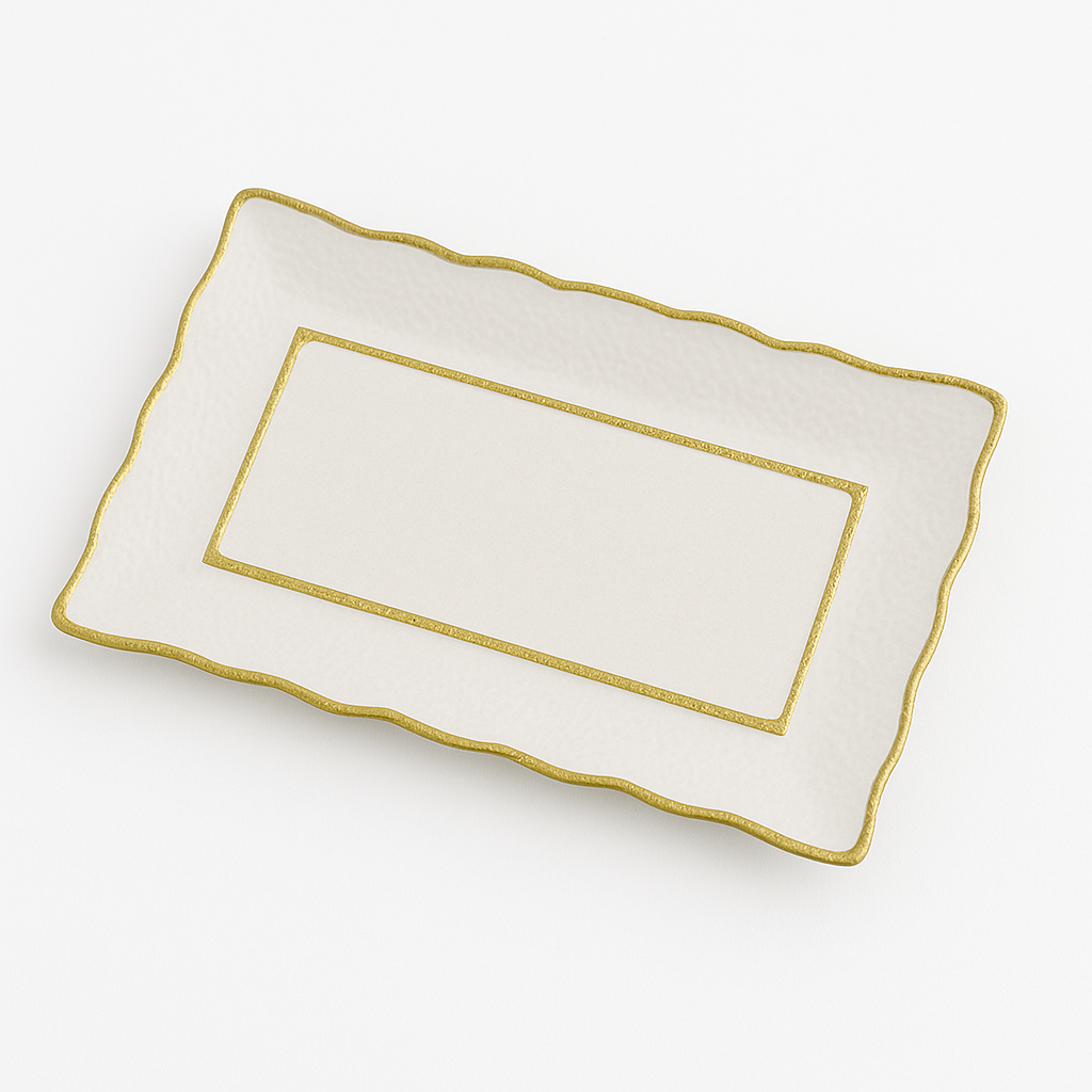 Rectangular Ceramic Serving Dish – Textured White with Gold Trim