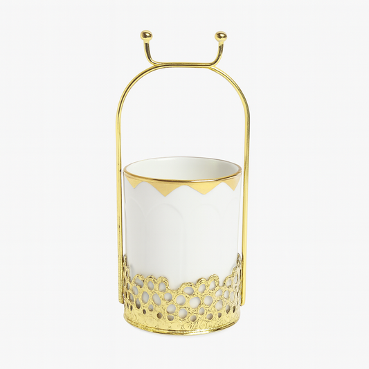 White Ceramic Holder with Gold Metal Stand – Elegant Organizer