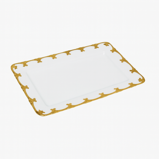 Rectangular Ceramic Serving Dish – White with Embossed Gold Edge