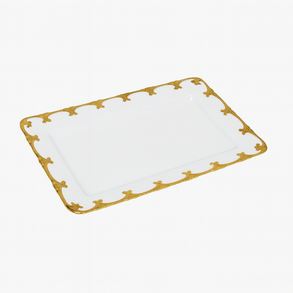 Rectangular Ceramic Serving Dish – White with Ornate Gold Border