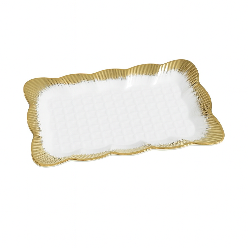 Rectangular Ceramic Serving Dish – White with Gold Border