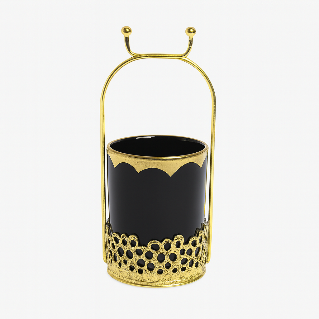 Black Ceramic Holder with Gold Metal Stand – Elegant Organizer
