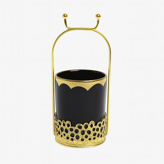 Black Ceramic Holder with Gold Metal Stand – Elegant Organizer