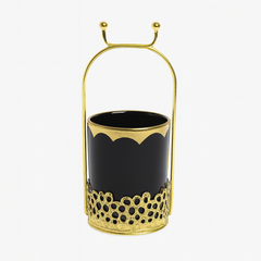 Black Ceramic Holder with Gold Metal Stand – Elegant Organizer