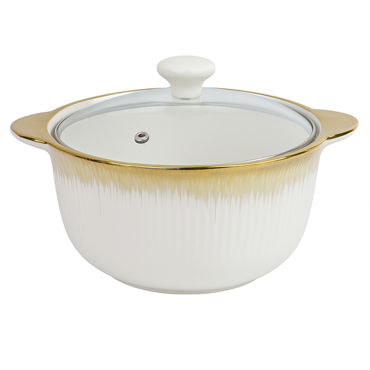 Large Ceramic Serving Dish with Lid – White & Gold Gradient