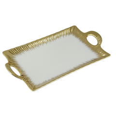 Rectangular Ceramic Serving Tray with Handles – White & Gold