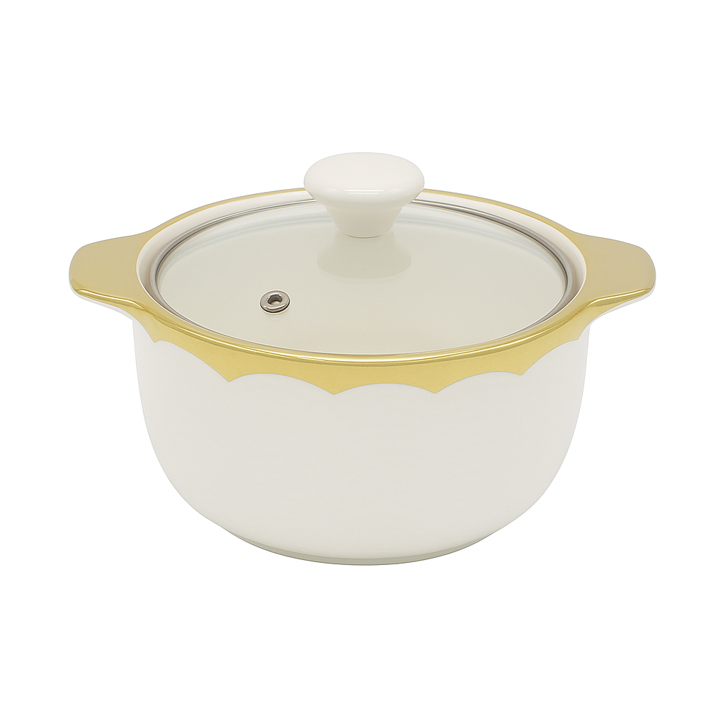 Small Ceramic Serving Dish with Lid – White & Gold