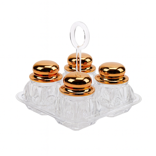 Salt & Pepper Cruet Set – 4 Pcs Acrylic with Rose Gold, Gold & Silver Lids